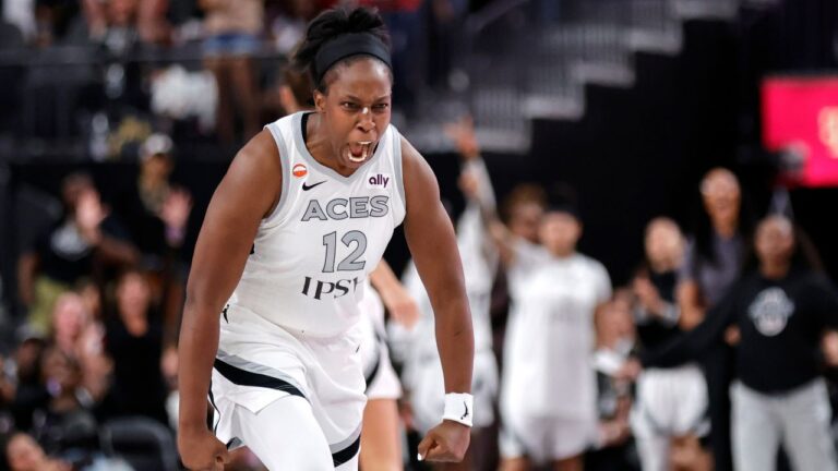 Las Vegas Aces guard Chelsea Gray reacts after making a basket to send the game into overtime during the second half of an WNBA basketball game against the Chicago Sky Friday, July 3, 2026, in Las Vegas. (Steve Marcus/AP)