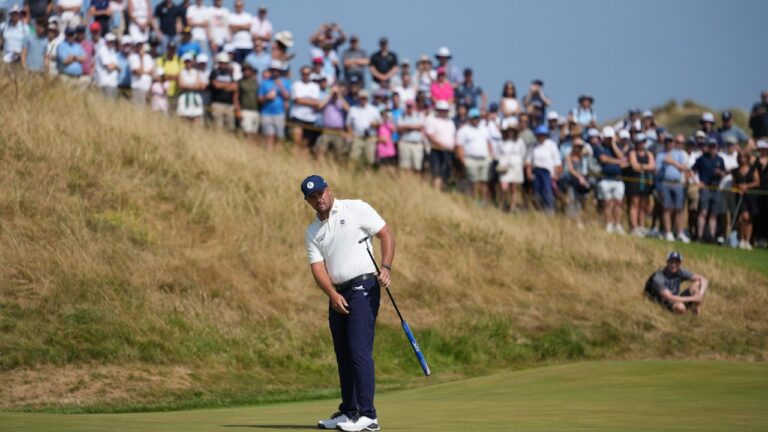 Bryson DeChambeau on the 6th green during the first day of the British Open at Royal Birkdale golf club, in Southport, England on Thursday, July 16, 2026. (Jon Super/AP)