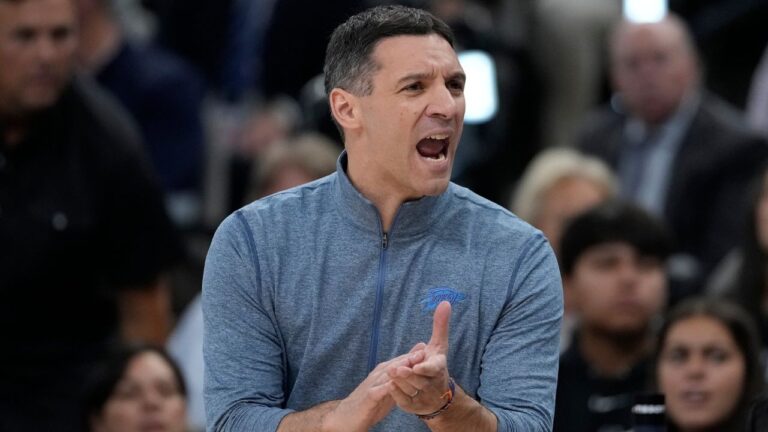 Oklahoma City Thunder head coach Mark Daigneault watches play in the first half of Game 6 in the Western Conference finals on May 28, 2026, in San Antonio. (David J. Phillip/AP)