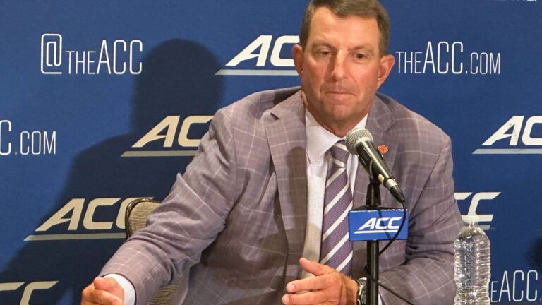 Clemson coach Dabo Swinney speaks at a news conference during the ACC Kickoff preseason football media days on Thursday, July 16, 2026, in Charlotte, N.C. (Aaron Beard/AP)