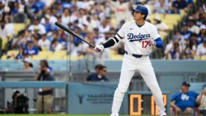 Shohei Ohtani prepares to bat during the fifth inning of a game against the Arizona Diamondbacks in Los Angeles on Sunday, July 12, 2026. (Kyusung Gong/AP)