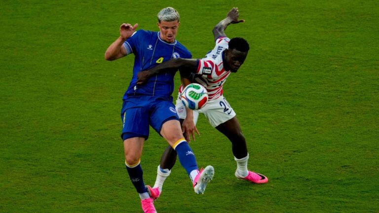 Folarin Balogun fouls Bosnia's Tarik Muharemovic during the World Cup match between the United States and Bosnia in Santa Clara, Calif., near San Francisco, Wednesday, July 1, 2026. (Jeff Chiu/AP)
