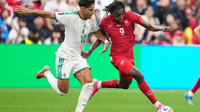 Switzerland's Johan Manzambi and Algeria's Fares Chaibi battle for the ball during the World Cup in Vancouver, British Columbia, Thursday, July 2, 2026. (Lindsey Wasson/AP)