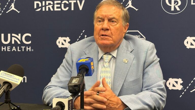 UNC coach Bill Belichick speaks during the ACC Kickoff preseason media day on Friday, July 17, 2026 in Charlotte, N.C. (Aaron Beard/AP)