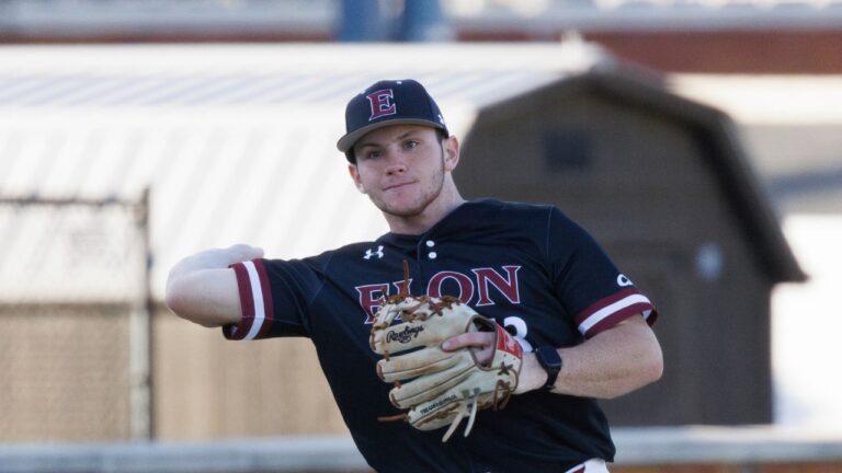 Elon's Ryan Sprock makes a throw during an NCAA baseball game on Tuesday, Feb. 25, 2025, in Winston-Salem, N.C. (Ben McKeown/AP)
