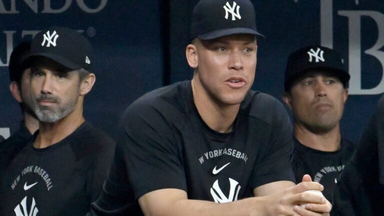 New York Yankees' Aaron Judge watches from the dugout during a game against the Tampa Bay Rays Monday, July 6, 2026, in St. Petersburg, Fla. (Jason Behnken/AP)