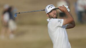 Sam Burns of the United States plays a shot on the 16th hole during the third day of the Open Championship at Royal Birkdale golf club, in Southport, England, Saturday, July 18, 2026. (AP Photo/Peter Morrison)