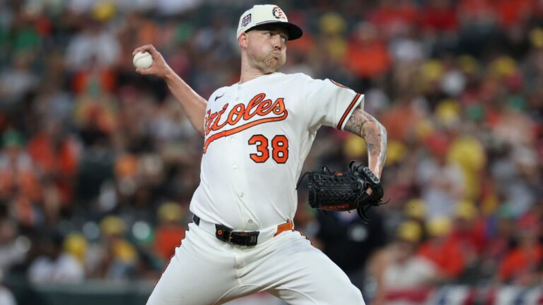 Baltimore Orioles pitcher Kyle Bradish throws during a baseball game against the Kansas City Royals, Saturday, July 11, 2026, in Baltimore. (Terrance Williams/AP)