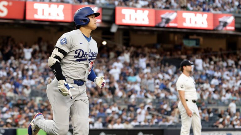 Dodgers Yankees Baseball
Los Angeles Dodgers designated hitter Shohei Ohtani, left, watches his flyout off New York Yankees pitcher Gerrit Cole during the third inning of a baseball game Friday, July 17, 2026, in New York. (Adam Hunger/AP)