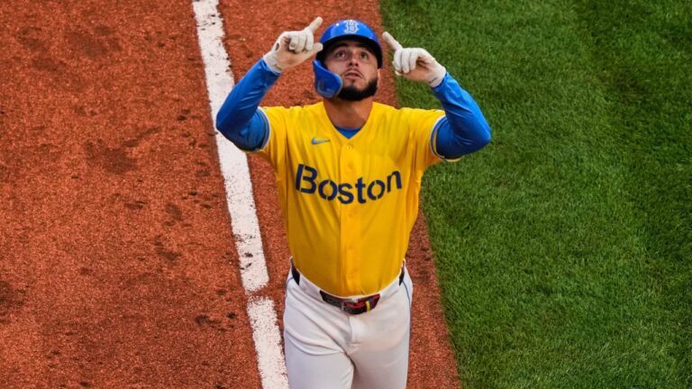 Boston Red Sox's Wilyer Abreu celebrates after his two-run home run in the eighth inning of a baseball game against the Tampa Bay Rays, Saturday, July 18, 2026, in Boston. (Charles Krupa/AP)