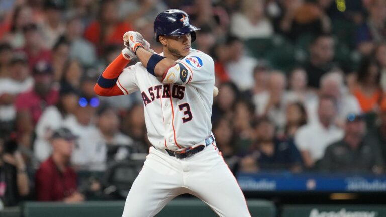 Jeremy Pena at bat against pitcher Trevor Rogers during the third inning of a game, Saturday, July 18, 2026, in Houston. (Karen Warren/AP)