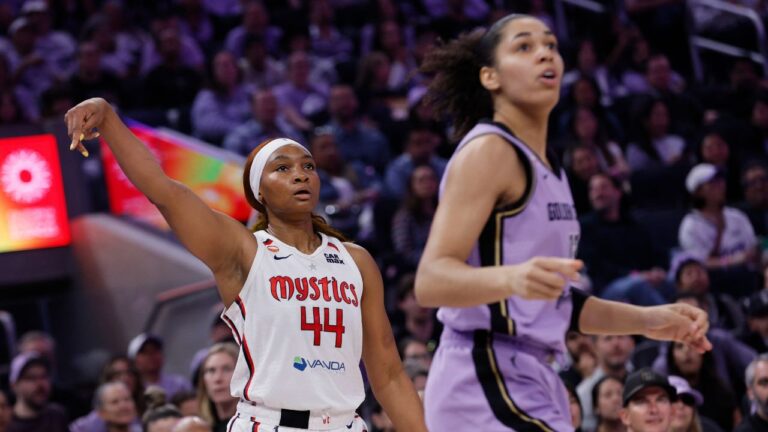 Washington Mystics forward Kiki Iriafen scores a three-point basket against the Golden State Valkyries during the first quarter of a WNBA game in San Francisco, Monday, July 20, 2026. (Santiago Mejia/San Francisco Chronicle via AP)