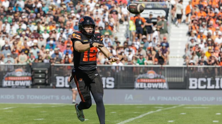B.C. Lions' quarterback Nathan Rourke throws against the Edmonton Elks during CFL action in Kelowna, B.C., on Saturday July 4, 2026. (Steve Dunsmoor/CP)