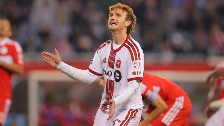 Toronto FC forward Josh Sargent reacts after a shot on goal during a match against the Chicago Fire Saturday, May 23, 2026, in Chicago. (Melissa Tamez/AP)