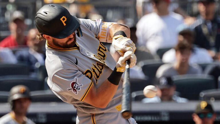 Jared Triolo hits a run-scoring single in the 10th inning against the New York Yankees, Wednesday, July 22, 2026, in New York. (Adam Hunger/AP)