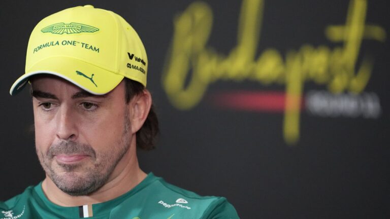 Fernando Alonso attends a news conference ahead of the Hungarian Grand Prix near Budapest, Hungary, Thursday, July 23, 2026. (Darko Vojinovic/AP)