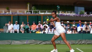 Leylah Fernandez returns the ball to Janice Tjen in their first round women's singles match at Wimbledon in London, Monday, June 29, 2026. (Maja Smiejkowska/AP)