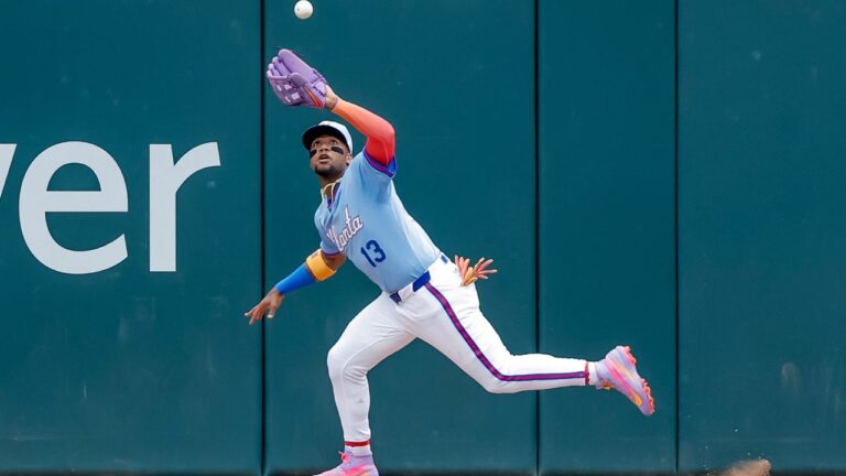 Ronald Acuna Jr. catches a fly ball during the second inning of a game, Saturday, June 6, 2026, in Atlanta. (Erik S. Lesser/AP)