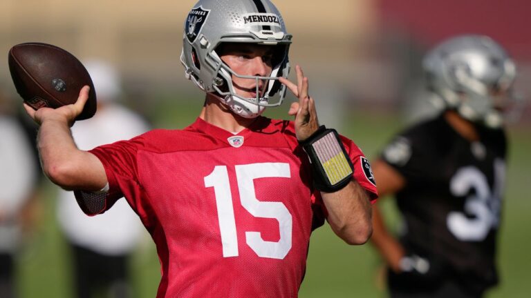 Las Vegas Raiders quarterback Fernando Mendoza throws during the team's practice Wednesday, June 10, 2026, in Henderson, Nev. (John Locher/AP)