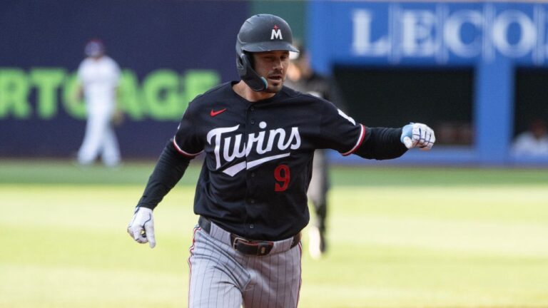 Trevor Larnach rounds the bases during the first inning of a game, Wednesday, July 22, 2026, in Cleveland. (Phil Long/AP)