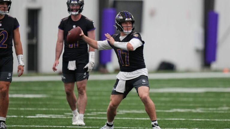 Diego Pavia works out during the Ravens' minicamp, Wednesday, May 27, 2026, at the Under Armour Performance Center in Owings Mills, Md. (Stephanie Scarbrough/AP)