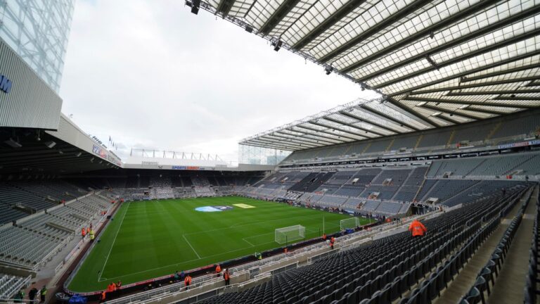 Newcastle's St. James' Park before the start of an English Premier League match between Newcastle and Tottenham, Sunday Oct. 17, 2021. (Jon Super/AP)