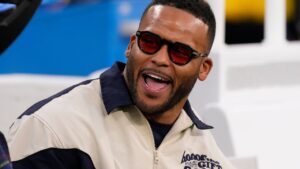 Former Los Angeles Ram Aaron Donald looks on before a game between the Los Angeles Rams and the Tampa Bay Buccaneers, Sunday, Nov. 23, 2025, in Inglewood, Calif. (Mark J. Terrill/AP)