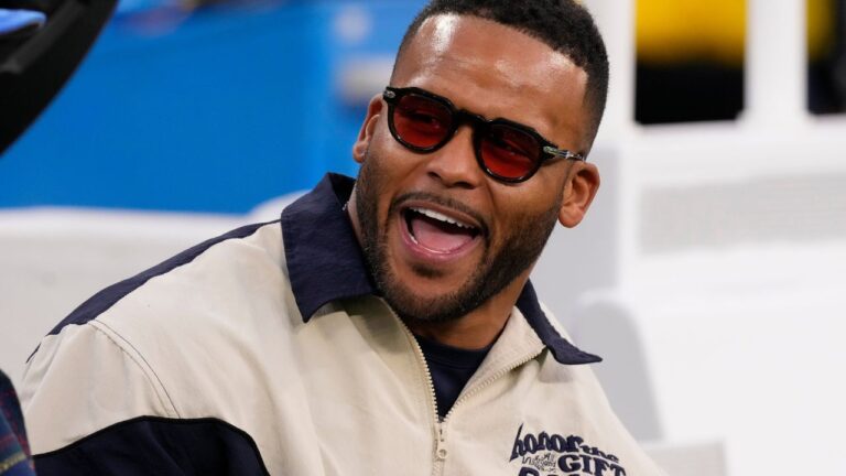 Former Los Angeles Ram Aaron Donald looks on before a game between the Los Angeles Rams and the Tampa Bay Buccaneers, Sunday, Nov. 23, 2025, in Inglewood, Calif. (Mark J. Terrill/AP)