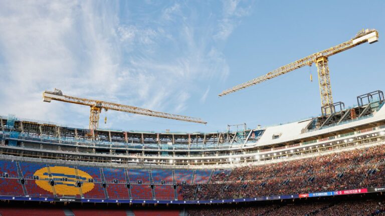 Camp Nou stadium under renavation work is see during a La Liga soccer match between Barcelona and Athletic in Barcelona, Spain, Saturday, Nov. 22, 2025. (Joan Monfort/AP)