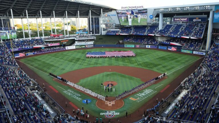 An American flag is displayed before a baseball game between the Miami Marlins and the Colorado Rockies at loanDepot Park, Friday, March 27, 2026, in Miami. (Lynne Sladky/AP)