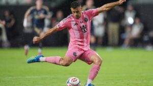 Inter Miami forward German Berterame shoots during the second half of an MLS soccer match against Philadelphia Union, Sunday, May 24, 2026, in Miami. (AP Photo/Rebecca Blackwell)