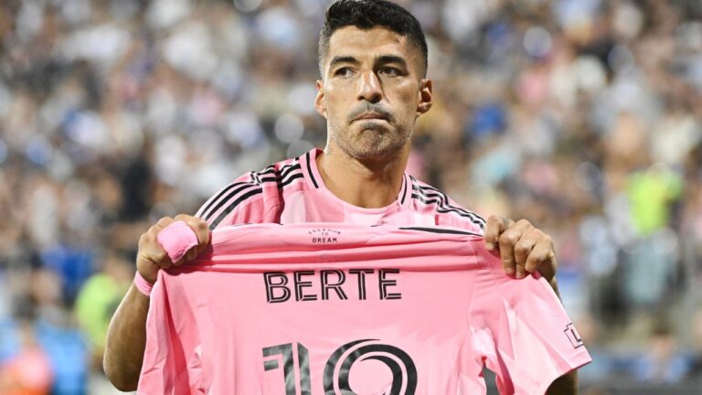 Inter Miami CF's Luis Suarez holds up the jersey of teammate German Berterame after scoring a penalty kick against CF Montreal during second half MLS soccer action in Montreal, on Saturday, July 25, 2026. Berterame was taking out of the game following an injury. (Graham Hughes/CP)