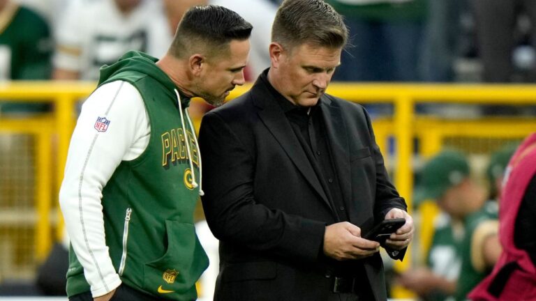 Packers head coach Matt LaFleur and general manager Brian Gutekunst before a game against the Washington Commanders in Green Bay, Wis., Sept. 11, 2025. (Morry Gash/AP)