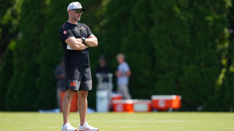 Cincinnati Bengals offensive co-ordinator Dan Pitcher looks on during practice at the team's training camp, Thursday, July 24, 2025, in Cincinnati. (Jeff Dean/AP)