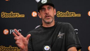 Pittsburgh Steelers quarterback Aaron Rodgers meets with reporters after arriving at the team's camp in Latrobe, Pa., Tuesday, July 28, 2026. (Gene J. Puskar/AP)