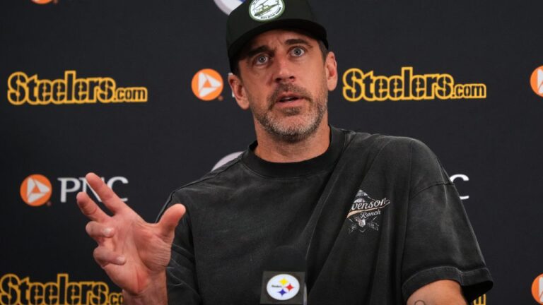 Pittsburgh Steelers quarterback Aaron Rodgers meets with reporters after arriving at the team's camp in Latrobe, Pa., Tuesday, July 28, 2026. (Gene J. Puskar/AP)