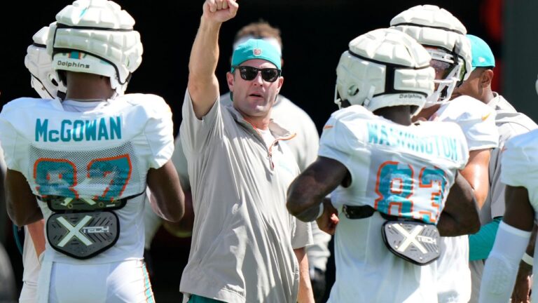 Former Miami Dolphins wide receivers coach Wes Welker talks with players during practice at the team's training facility, Tuesday, Aug. 13, 2024, in Miami Gardens, Fla. (Lynne Sladky/AP)