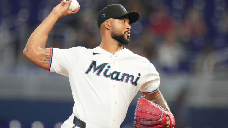 Miami Marlins pitcher Sandy Alcantara throws during the first inning of a game against the Philadelphia Phillies, Tuesday, July 28, 2026, in Miami. (Lynne Sladky/AP)