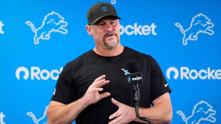 Detroit Lions head coach Dan Campbell talks to the media before a practice in Allen Park, Mich., Wednesday, July 29, 2026. (Paul Sancya/AP)