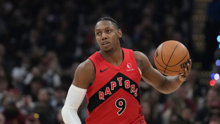 Toronto Raptors forward RJ Barrett in the first half of a first-round NBA playoff series against the Cleveland Cavaliers in Cleveland, Sunday, May 3, 2026. (Sue Ogrocki/AP)