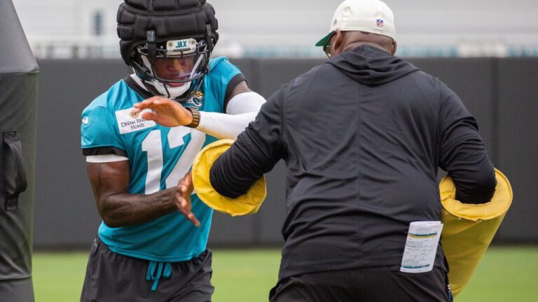 Jackonville Jaguars' Travis Hunter runs drils during practice at the team's training camp, Wednesday, July 29, 2026, in Jacksonville, Fla. (Kelly Jordan/AP)