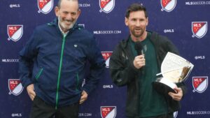 Inter Miami's Lionel Messi speaks after receiving the MLS MVP Award from MLS commissioner Don Garber, Dec. 9, 2025, in Fort Lauderdale, Fla. (Marta Lavandier/AP)