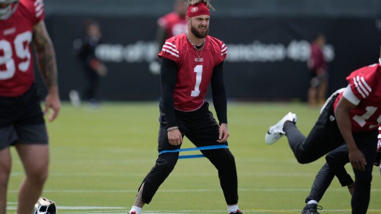 San Francisco 49ers wide receiver Ricky Pearsall warms up during practice Thursday, May 28, 2026, in Santa Clara, Calif. (Jeff Chiu/AP)
