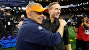 Denver Broncos head coach Sean Payton speaks with former New Orleans Saints quarterback Drew Brees after a game, Thursday, Oct. 17, 2024, in New Orleans. (Tyler Kaufman/AP)