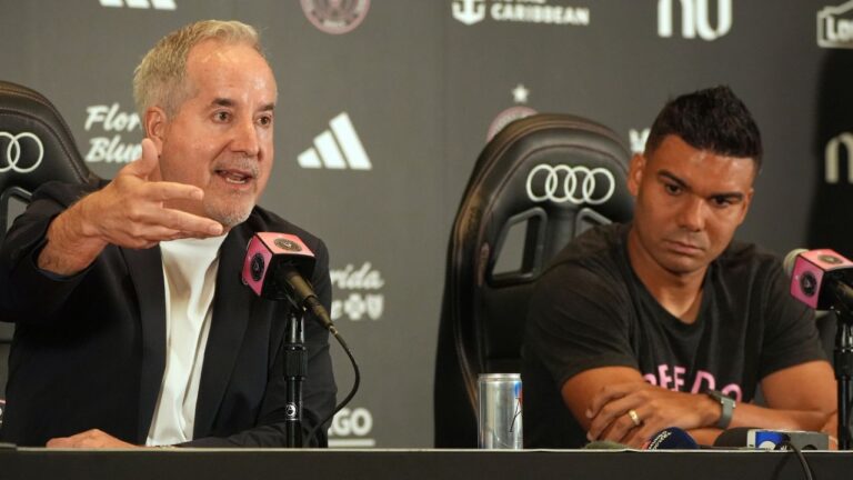 Jorge Mas, co-owner of Inter Miami, introduces Casemiro Thursday, July 30, 2026, in Miami. (Marta Lavandier/AP)