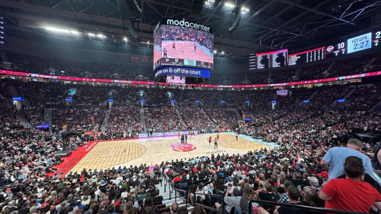 Fans fill Moda Center during a WNBA basketball game between the Portland Fire and the Indiana Fever in Portland, Or., Saturday May 30, 2026. (Anne M. Peterson/AP)
