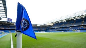 A Chelsea corner flag is seen inside Stamford Bridge prior to the start of the English Premier League soccer match between Chelsea and Wolverhampton, in London, Saturday, May 7, 2022. (Frank Augstein/AP)