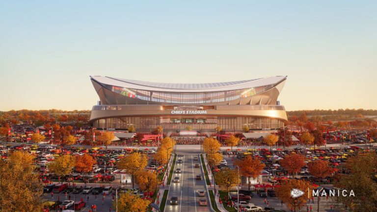 This undated artist's rendering provided by the Kansas City Chiefs on Wednesday, July 22, 2026, shows an initial design of the team's new enclosed stadium set to open in 2031. (Kansas City Chiefs/AP)