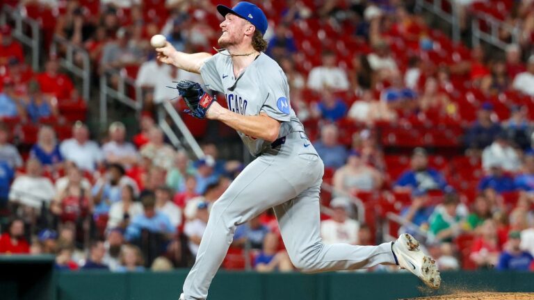 Chicago Cubs' Gavin Hollowell delivers a pitch during the sixth inning of a game against the St. Louis Cardinals, Monday, July 27, 2026, in St. Louis. (Scott Kane/AP)