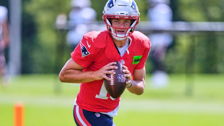 New England Patriots quarterback Drake Maye looks to pass during the team's training camp, Friday, July 31, 2026, in Foxborough, Mass. (Charles Krupa/AP)